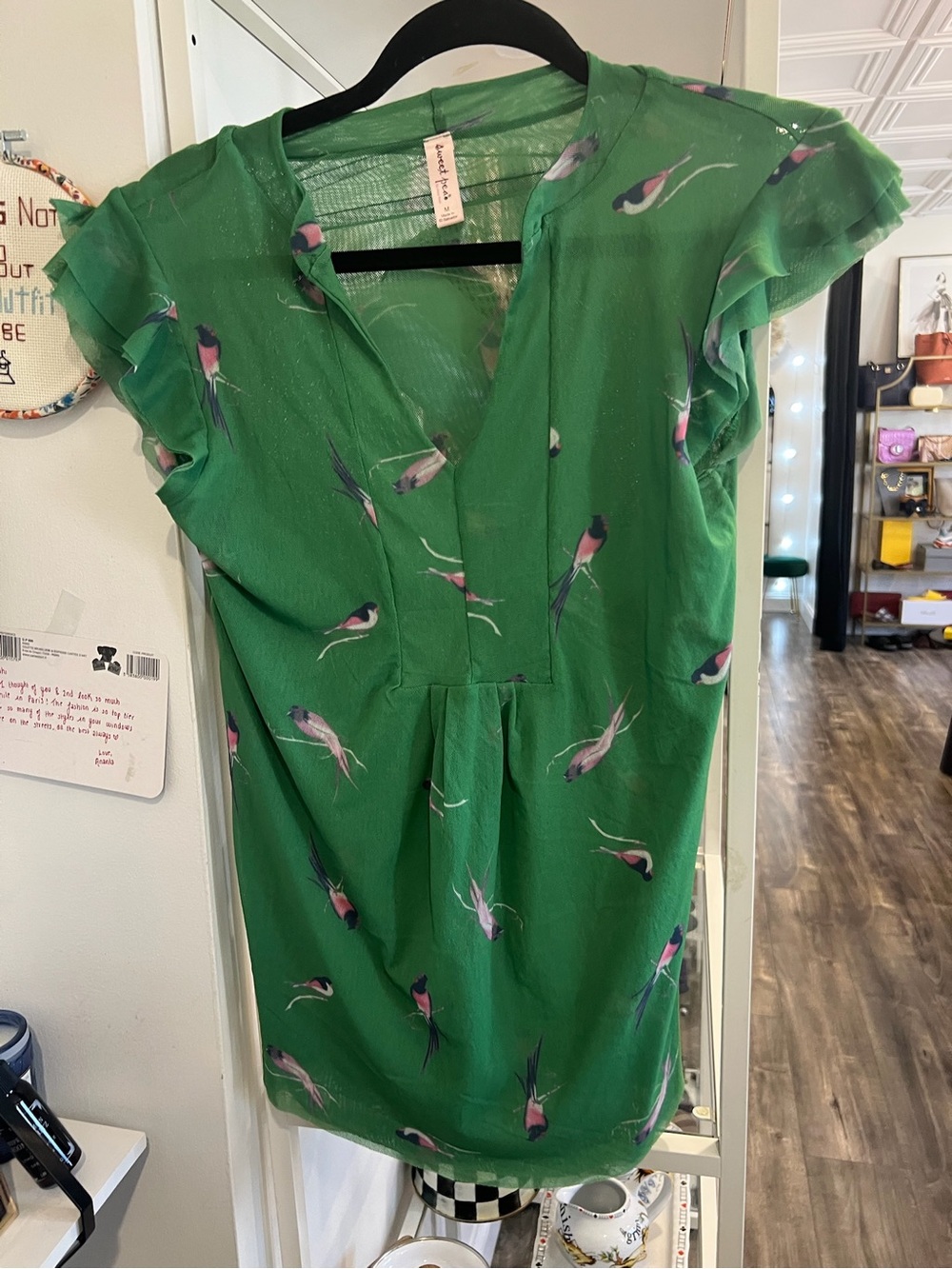 Sweet Pea Green Flutter Sleeve Bird Print Blouse